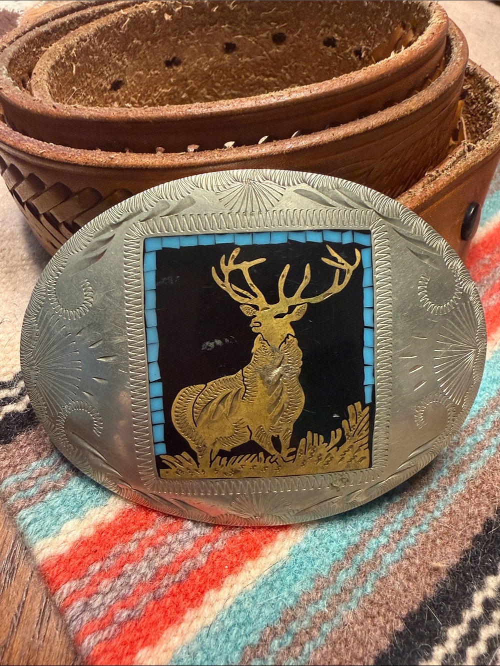 Men's Johnson & Held Silver Deer w/ Turquoise Inlay Buckle + Brown Leather Belt - Picture 2 of 7